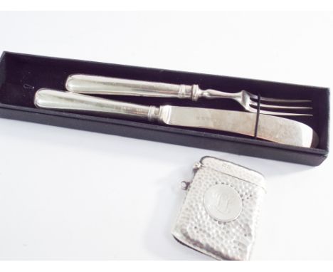 Hallmarked silver vesta case and silver child's knife and fork 