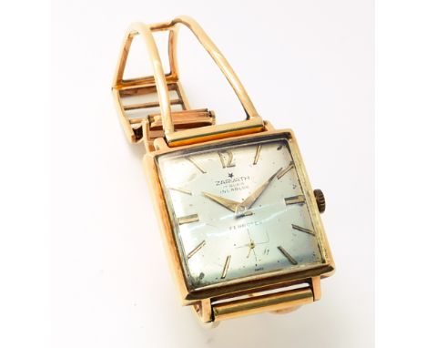 Unusual vintage 18ct yellow gold wristwatch by Zarvath, on bracelet strap. 40.4 grams strap marked 750.
