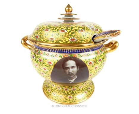 A large Bencharong style porcelain rice tureen and cover, commemorating a Thai king, together with a matching ladle, tureen h