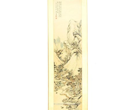 A He Tian Jian Chinese Republic scroll, hand painted with a mountainous landscape, signed and stamped.