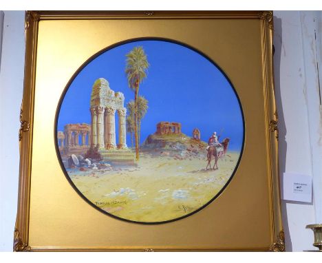 R Rappini ( Italian 20th century) watercolour. Temples of Bmnek, signed sight ,size 38 cm diam, Original Label verso