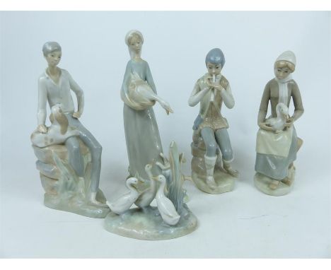 A collection of Spanish ceramic figurines to include three examples by Nao (standing lady with swan, lady with dog and geese)