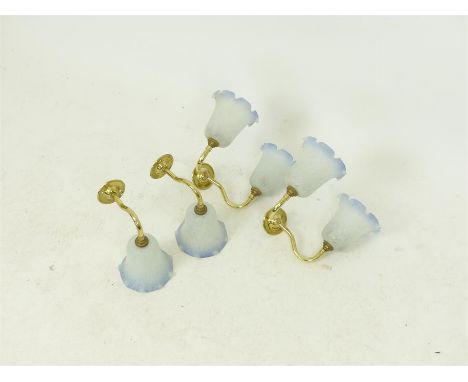 Six, 'Christopher Wray' mottled blue glass shades with brass wall brackets to include a pair of two branch wall fittings and 