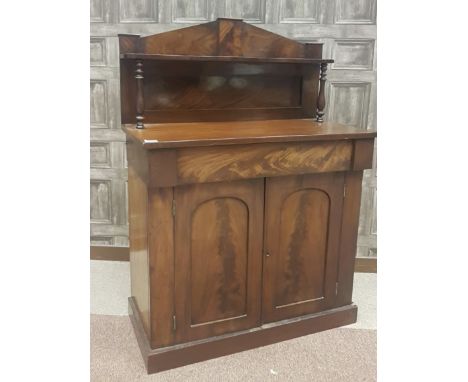 VICTORIAN MAHOGANY CHIFFONIER, of small proportions, the raised back with serpentine open shelf, long secret drawer below, wi