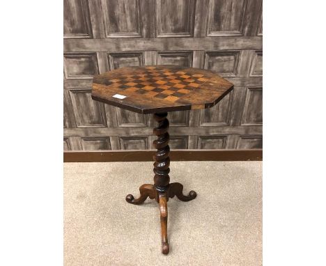 VICTORIAN ROSEWOOD GAMES TABLE, of octagonal form and inlaid with chess/draughts board, on a turned pillar with scrolling tri