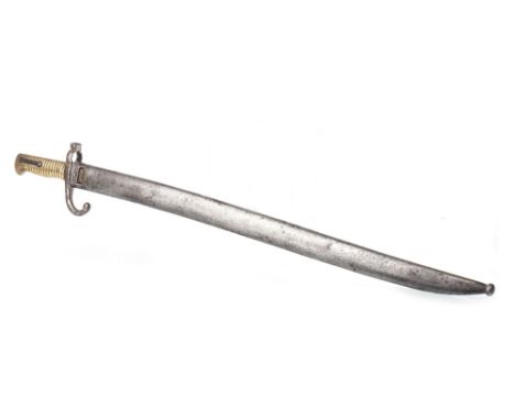 MID 19TH CENTURY FRENCH SWORD BAYONET, with reeded brass handle, inscription to top of the blade dated 1868, contained in a s