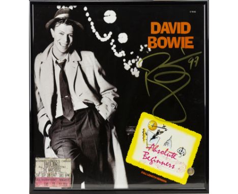 SIGNED DAVID BOWIE 'ABSOLUTE BEGINNERS' VINYL, S-75130, the front of the record pasted with a reproduction ticket for Bowie, 