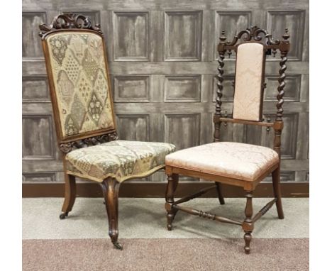 VICTORIAN WALNUT HIGH BACKED NURSING CHAIR, with scroll moulded top rail, upholstered back and seat in machined tapestry, wit