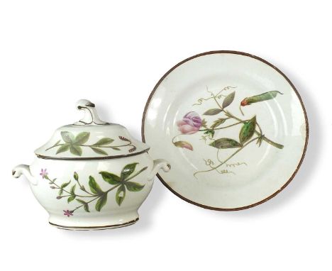 A Swansea botanical dessert tureen and cover, circa 1810, painted with named specimens titled in iron red to the base and int