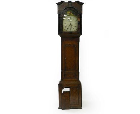 An oak and mahogany painted dial longcase clock, John Jones of Aberystwith, the arched 12" dial with painted scene of a boy f