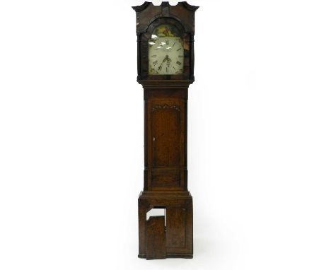 An oak and mahogany painted dial longcase clock, John Jones of Aberystwith, the arched 12" dial with painted scene of a boy f