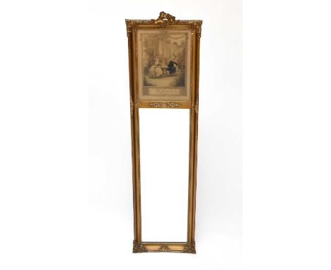 An early 20th century Trumeau style wall mirror, the upper section a glazed print titled 'Le Jacquet' above a mirror within a