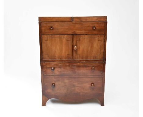 A George IV mahogany washstand-cum-commode, inlaid with ebony stringing and with an exploding top, restorations, damage, 61cm