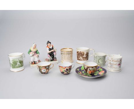 19th century English ceramics, to include a pair of Staffordshire figures of Jobson and Nell, 16.5cm high; a Coalport imari t