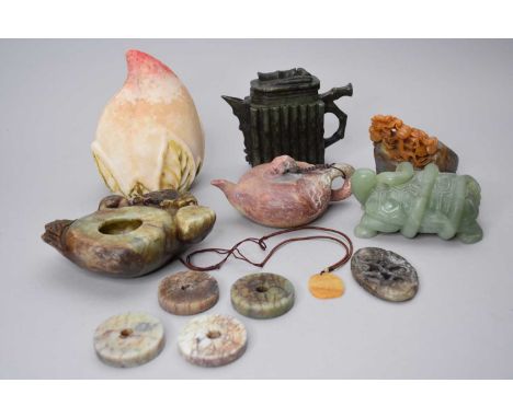 A group of Chinese jade and hardstone scholar's objects, 20th century, including a spinach jade wine ewer and cover carved wi