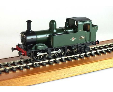 A good O-gauge scratch-built model of a steam locomotive, '1458', 0-6-0, in green and black livery, with a British Railways l