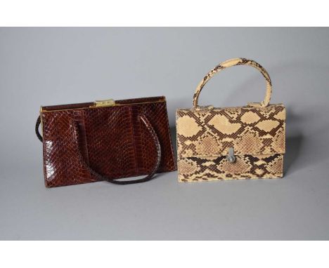 Two vintage crocodile leather handbags, the first Harrods, tan snakeskin with white metal clasp and ribbed strap, 21cm wide, 
