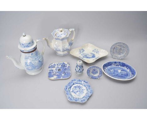 A collection of Victorian and later blue and white pottery, including a Willow pattern low comport dish, 18.5cm diameter; a R