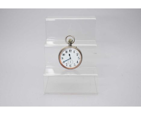 An Edwardian 'goliath' eight-day pocket watch clock, the white metal case of plain form, the white enamel dial with black Rom