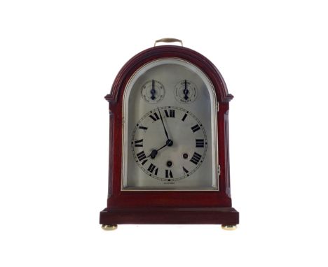 EARLY 20TH CENTURY MAHOGANY BRACKET CLOCK, the three train eight day movement, musical chime striking on five gongs, the silv