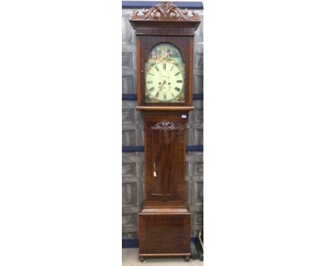 LATE VICTORIAN MAHOGANY LONGCASE CLOCK, two train eight day movement, the white enamel dial with Roman numerals, the hood pie