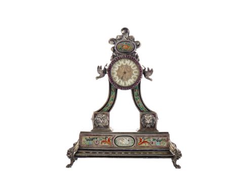 LATE 19TH CENTURY VIENNESE SILVER AND ENAMEL TABLE CLOCK, with two train movement, the dial with Roman numeral chapter marker