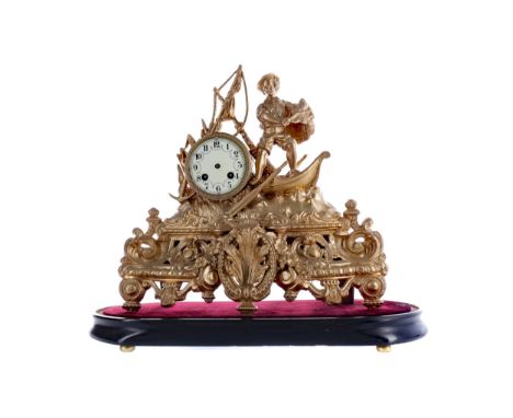 LATE 19TH CENTURY FIGURAL MANTEL CLOCK, the two train eight day movement by Vincent &amp; Co, the white enamel dial with Arab