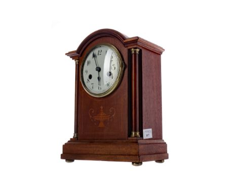 EARLY 20TH CENTURY INLAID OAK MANTEL CLOCK, the two train eight day movement by HAC, striking on a gong, the white enamel dia