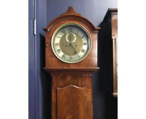 19TH CENTURY MAHOGANY LONGCASE CLOCK, with two train eight day movement, the engraved brass dial with silvered Roman numeral 