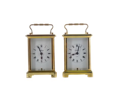 EARLY 20TH CENTURY CARRIAGE CLOCK, by Bayard, with white enamel dial with Roman numerals, the brass three glass case with swi