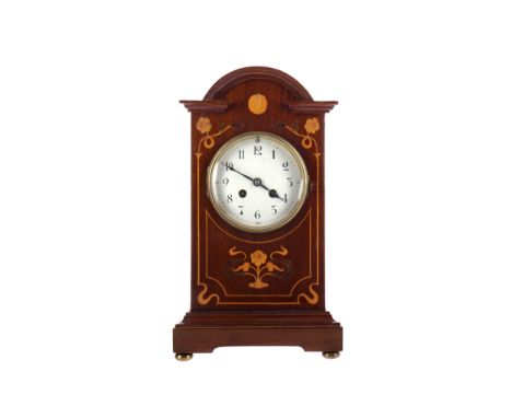 EDWARDIAN INLAID MAHOGANY MANTEL CLOCK, the two train eight day movement by Samuel Marti, the white enamel dial with Arabic n