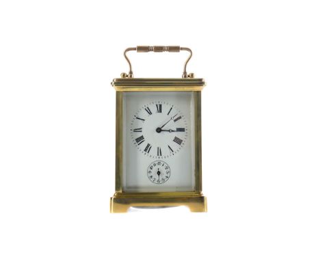 EARLY 20TH CENTURY CARRIAGE CLOCK, with white enamel dial with Arabic numerals, subsidiary alarm dial, the alarm striking on 