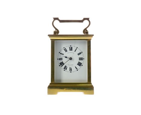 EARLY 20TH CENTURY CARRIAGE CLOCK, By R.L. Christie, with white enamel dial with Roman numerals, the brass four glass case wi