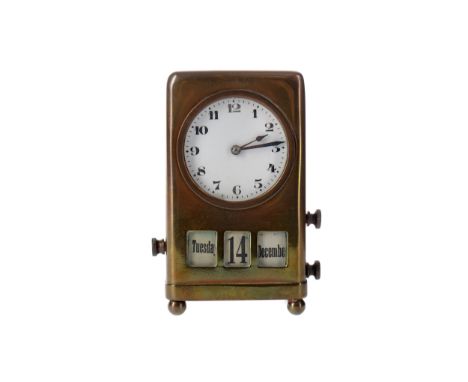 EARLY 20TH CENTURY PERPETUAL CALENDAR DESK CLOCK, with HAC movement, the white enamel dial with Arabic numerals, above three 