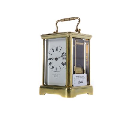 EARLY 20TH CENTURY CARRIAGE CLOCK, by Ollivant Botsford, with white enamel dial with Roman numerals and makers name, the mech