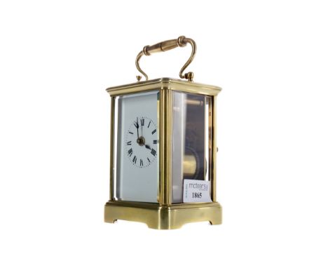 EARLY 20TH CENTURY REPEATER CARRIAGE CLOCK, the two train eight day movement striking on a gong, with white enamel dial with 