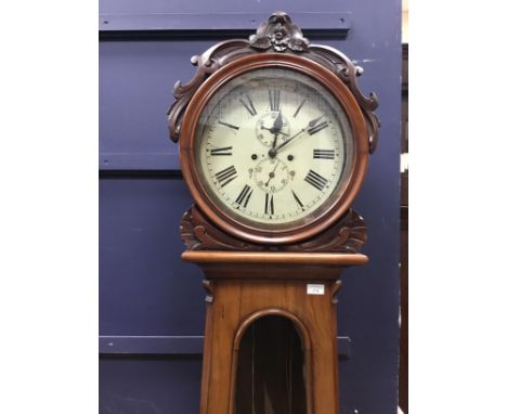 VICTORIAN SCOTTISH WALNUT DRUMHEAD LONCASE CLOCK, with two train eight day movement, the white enamel dial with Roman numeral