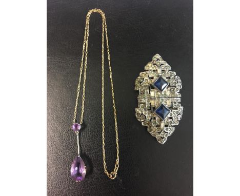 Edwardian Amethyst drop pendant and 1920's paste brooch/clip