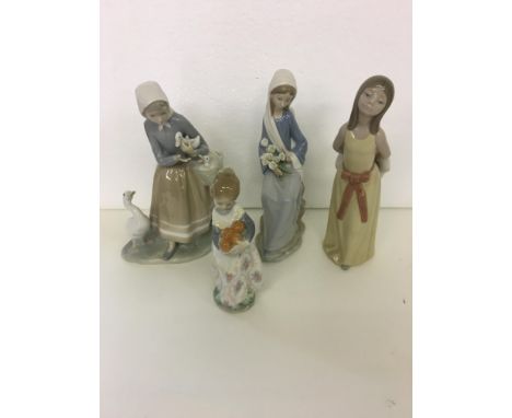 Group of four Lladro figures to include girl with geese, girl with oranges, girl with flowers and girl with hat