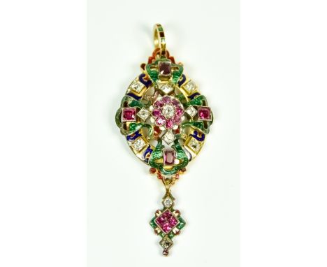 A Ruby, Diamond and Enamel Pendant, Late 19th/Early 20th Century, set with faceted ruby stones, approximately 2ct, inter spac