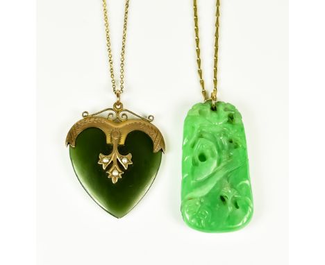 Two Jade Pendants, Modern, comprising  - one in the shape of a heart mounted in gold coloured metal, 33mm x 42mm, on gold col