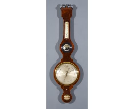 A George III Mahogany Wheel Barometer and Thermometer, by D Bugden 26 Brydyes Street, Covent Garden, with 10ins silvered dial
