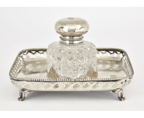An Early 20th Century Dutch Silvery Metal Square Ink Stand and Silvery Metal Mounted Hobnail Cut Glass Inkwell, the square ga
