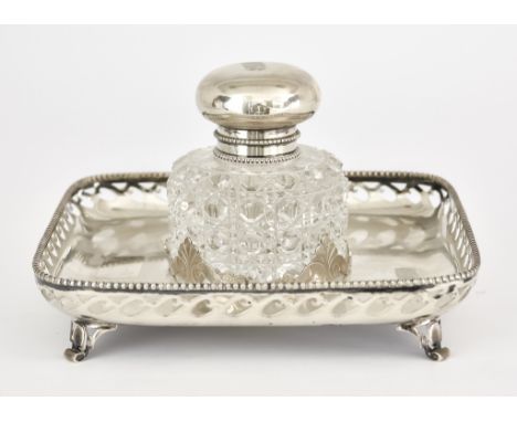 An Early 20th Century Dutch Silvery Metal Square Ink Stand and Silvery Metal Mounted Hobnail Cut Glass Inkwell, the square ga