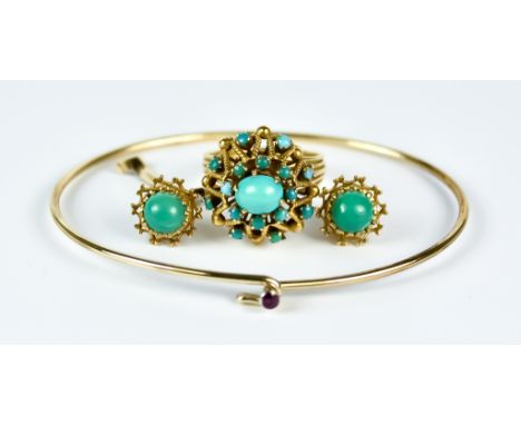 A Mixed Lot of 9ct Gold, Modern, comprising - a turquoise set dress ring, size P+, a pair of turquoise set earrings for pierc