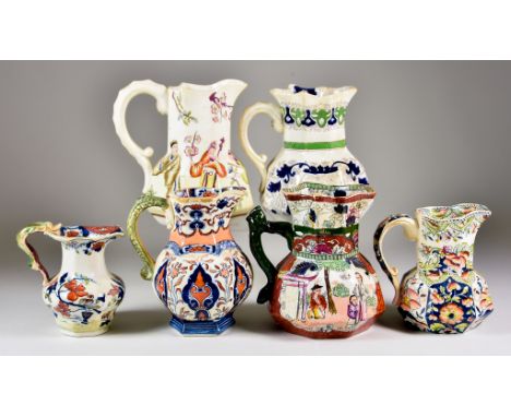 Six English Ironstone Jugs, 19th Century, including - "M &amp; N New Opaque", 4.5ins high, Fenton Stoneworks No.306, 5.25ins 