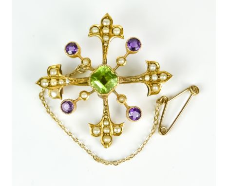 A 9ct Gold Seed Pearl, Amethyst and Peridot Brooch, Early 20th Century, set with seed pearls, faceted amethyst around a centr