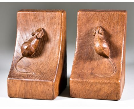 A Pair of Robert "Mouseman" Thompson of Kilburn Oak Bookends, 6.25ins high