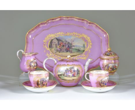 A Meissen Cabaret Set, Second Half of 19th Century, enamelled with peasants in the style of Teniers, on a lilac ground, the p