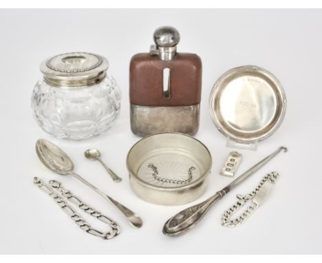 A George VI Silver Mounted and Brown Leather Covered Glass Hip Flask and Mixed Silver Ware, the hip flask with mounts by Jame